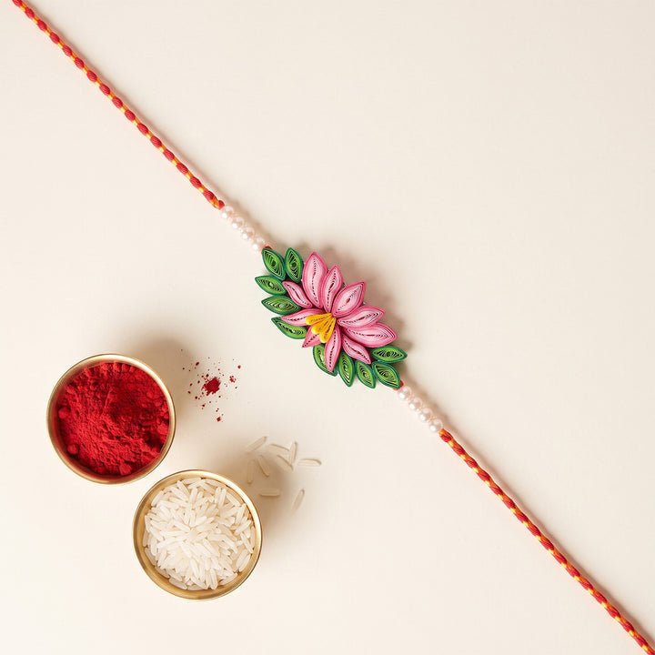 Handmade Paper Quilled Lotus Rakhi With Roli Chawal For Brother