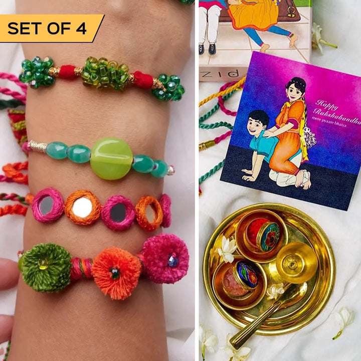 4 pc Rakhi + Brass Thali Set | Premium Chintu Mintu Beaded Rakhi Set with Roli Chawal