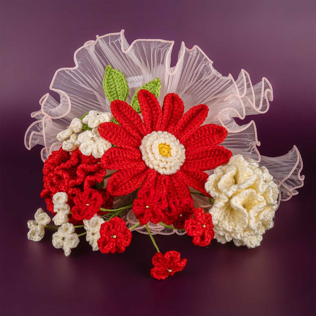 Handmade Crochet Bold Beauty Flower Bouquet With Lights | Includes Photo & Greeting Card