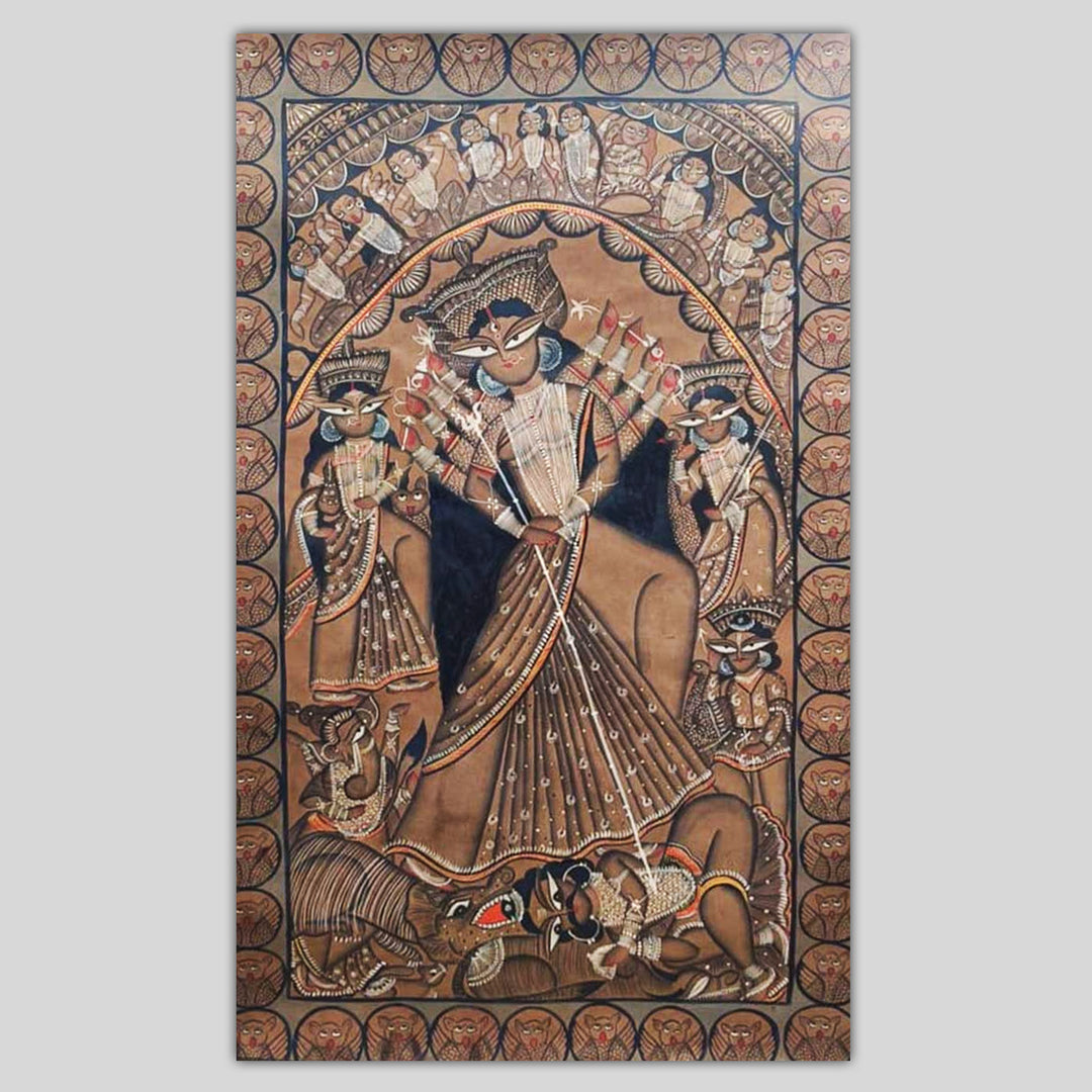 29 x 48 Inch | Maa Durga With Ten Arms | Original Hand Painted Kalighat Painting | Natural Pigment On Paper