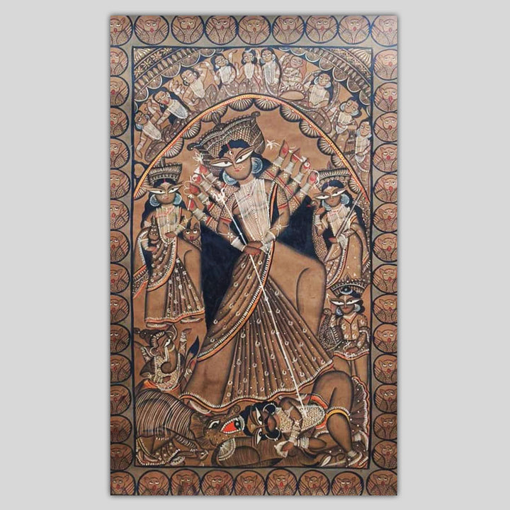 29 x 48 Inch | Maa Durga With Ten Arms | Original Hand Painted Kalighat Painting | Natural Pigment On Paper