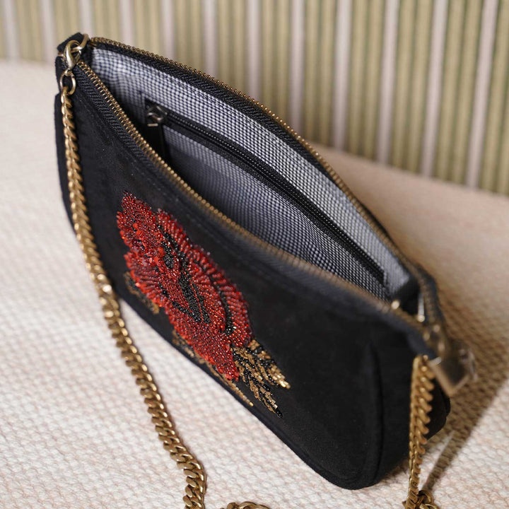 Hand Embroidered Rosette Black Baguette Bag