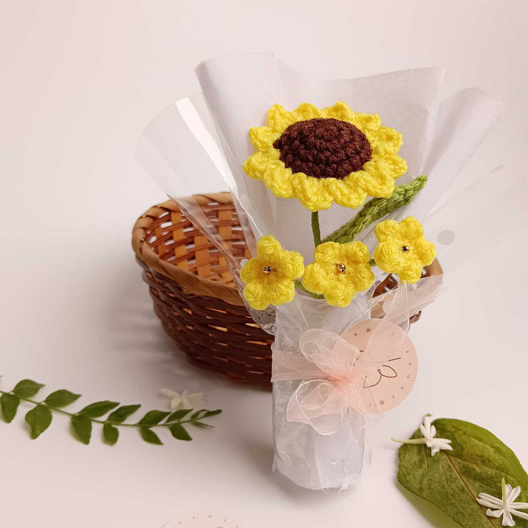 Handmade Crochet Sunflower Mini Flower Bouquet | Includes Photo & Greeting Card
