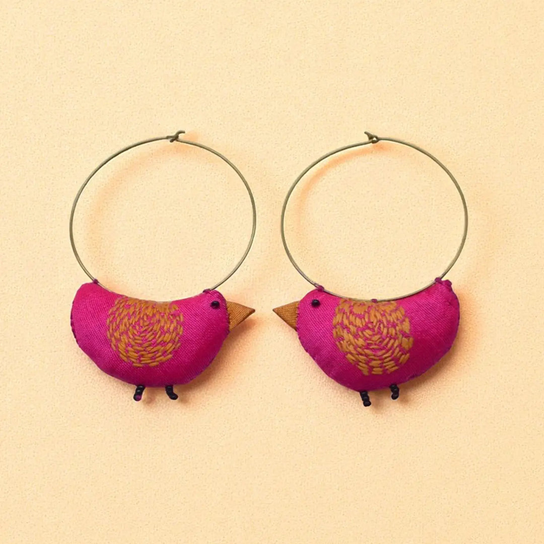 Handmade Textile Art Bulbul Bird Shaped Hoop Dupion Silk Fabric Earrings