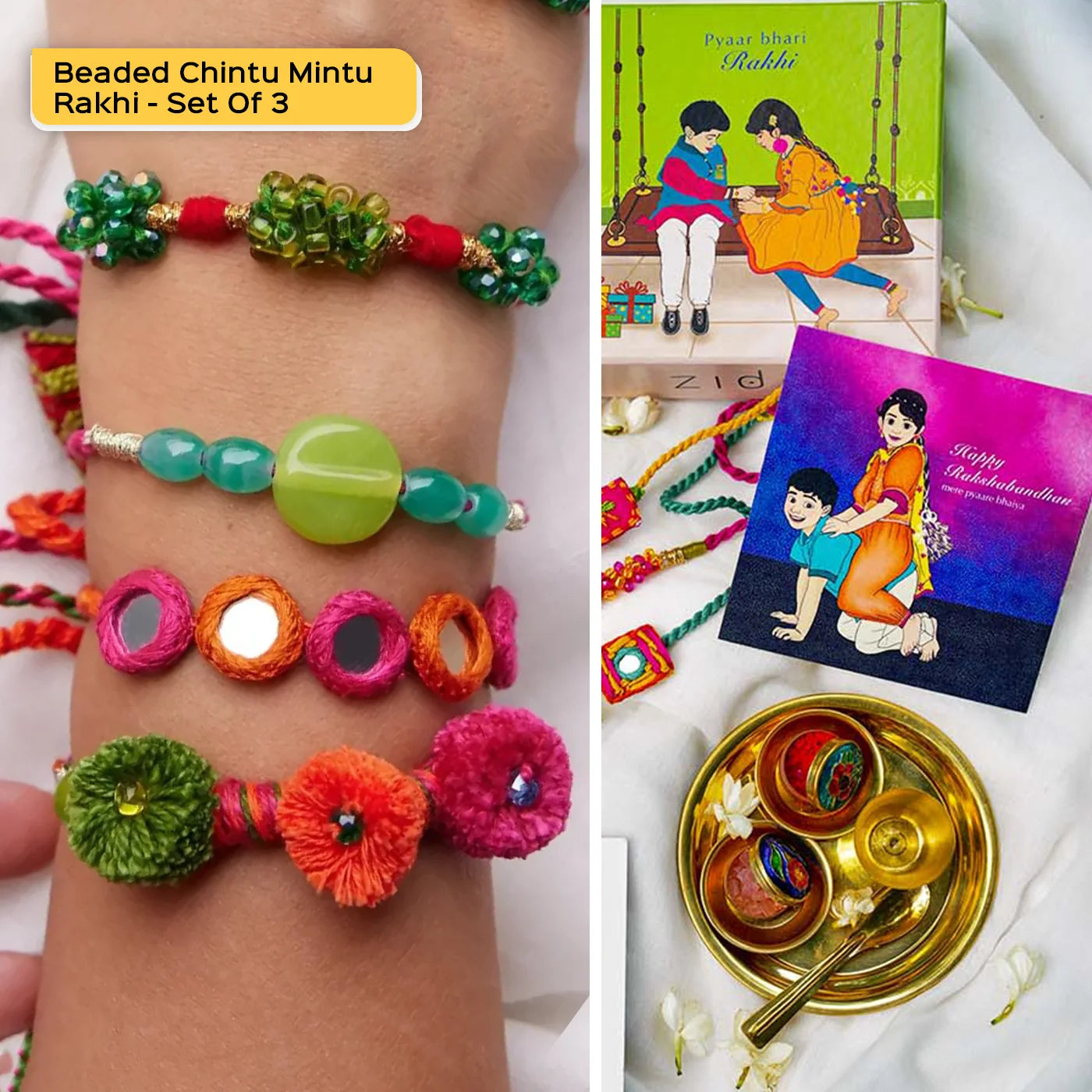 Buy 4 pc Rakhi + Brass Thali Set | Premium Chintu Mintu Beaded Rakhi ...