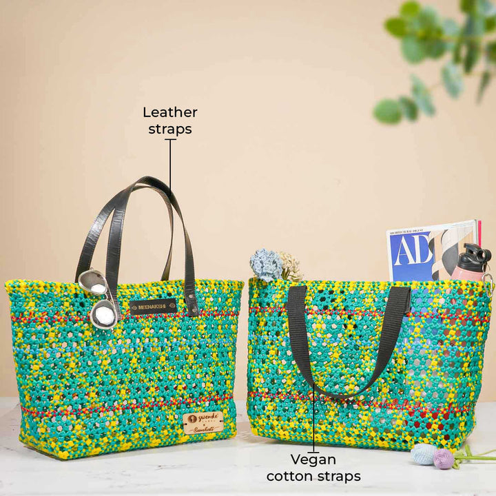 Green And Yellow Diamond Pattern Tara Knot Handmade Koodai Beach Bag