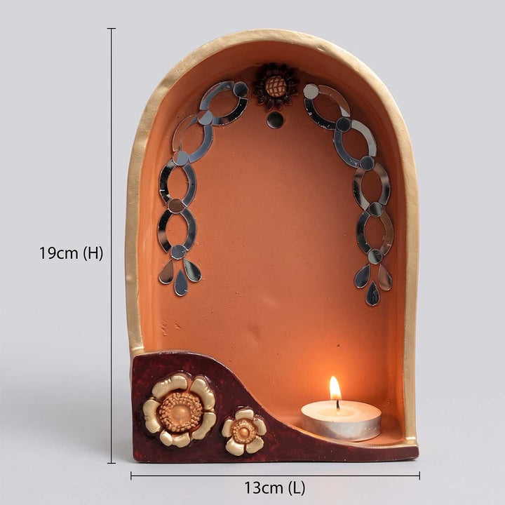 Hand-Painted "MittiBloom" Arch Floral Terracotta Wall Decor Tealight Holder With Mirror Work For Festive Decor