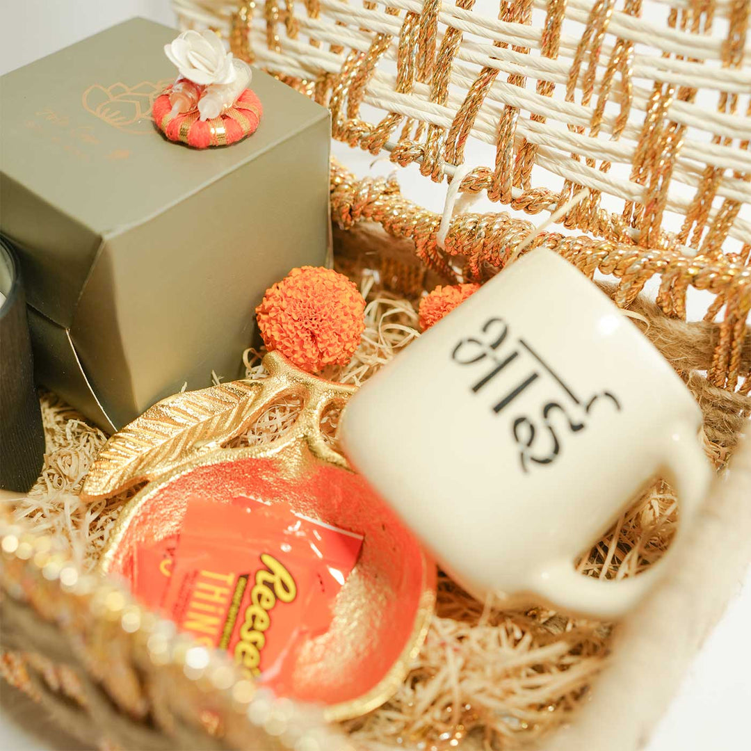 Personalized Handmade Rakhi Hamper | Includes 1 Basket, 1 Mug, 1 Candle, 1 Serving Bowl, 2 Rakhis, 1 Roli Chawal & 1 Message Card