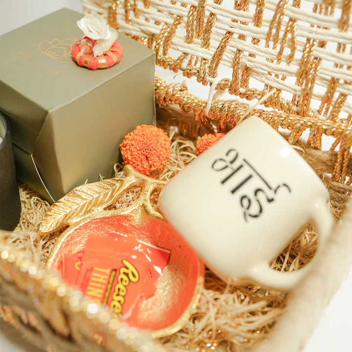 Personalized Handmade Rakhi Hamper | Includes 1 Basket, 1 Mug, 1 Candle, 1 Serving Bowl, 2 Rakhis, 1 Roli Chawal & 1 Message Card