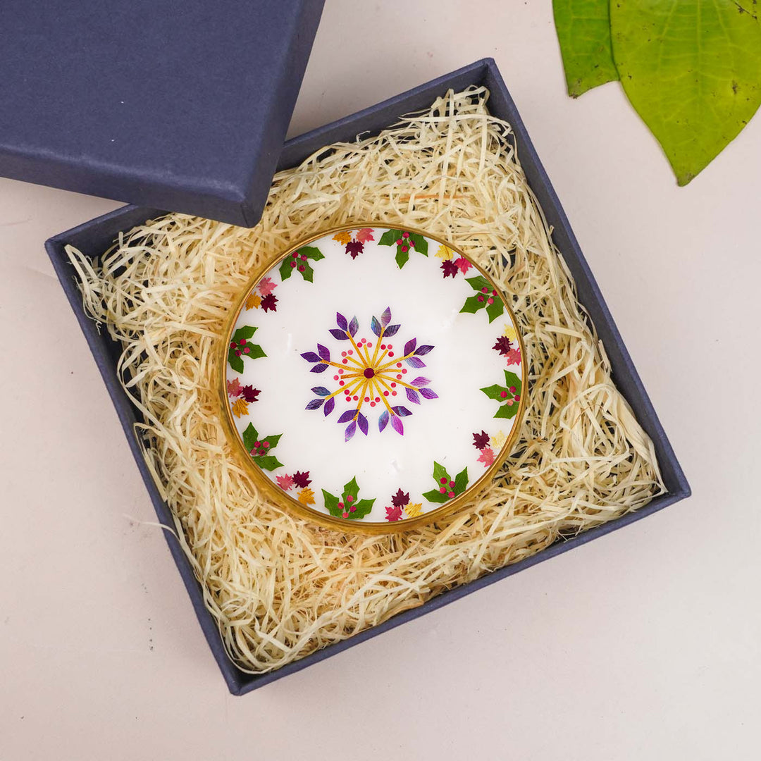 5 Inch | Handmade Pressed Flower Decorative Brass Candle | Packed in a Gift Box