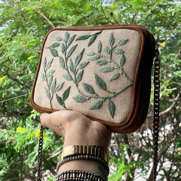 Personalized Embroidered Leafy Vegan Suede Sling Bag