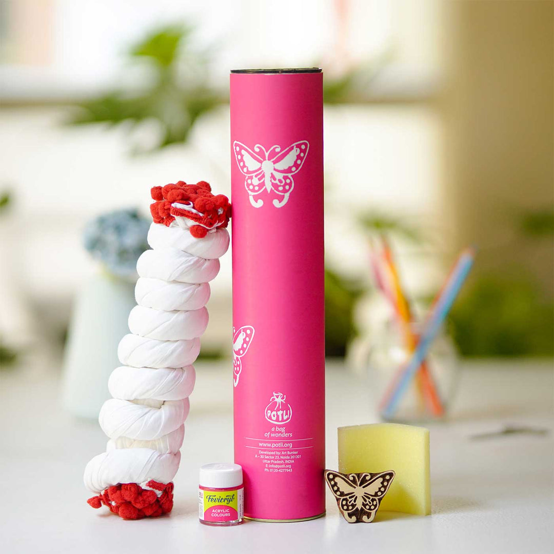 Pink Butterfly Dupatta Block Print DIY Kit | Includes 1 White cotton dupatta, 1 Fabric paint, 1 Wooden block And 1 Sponge