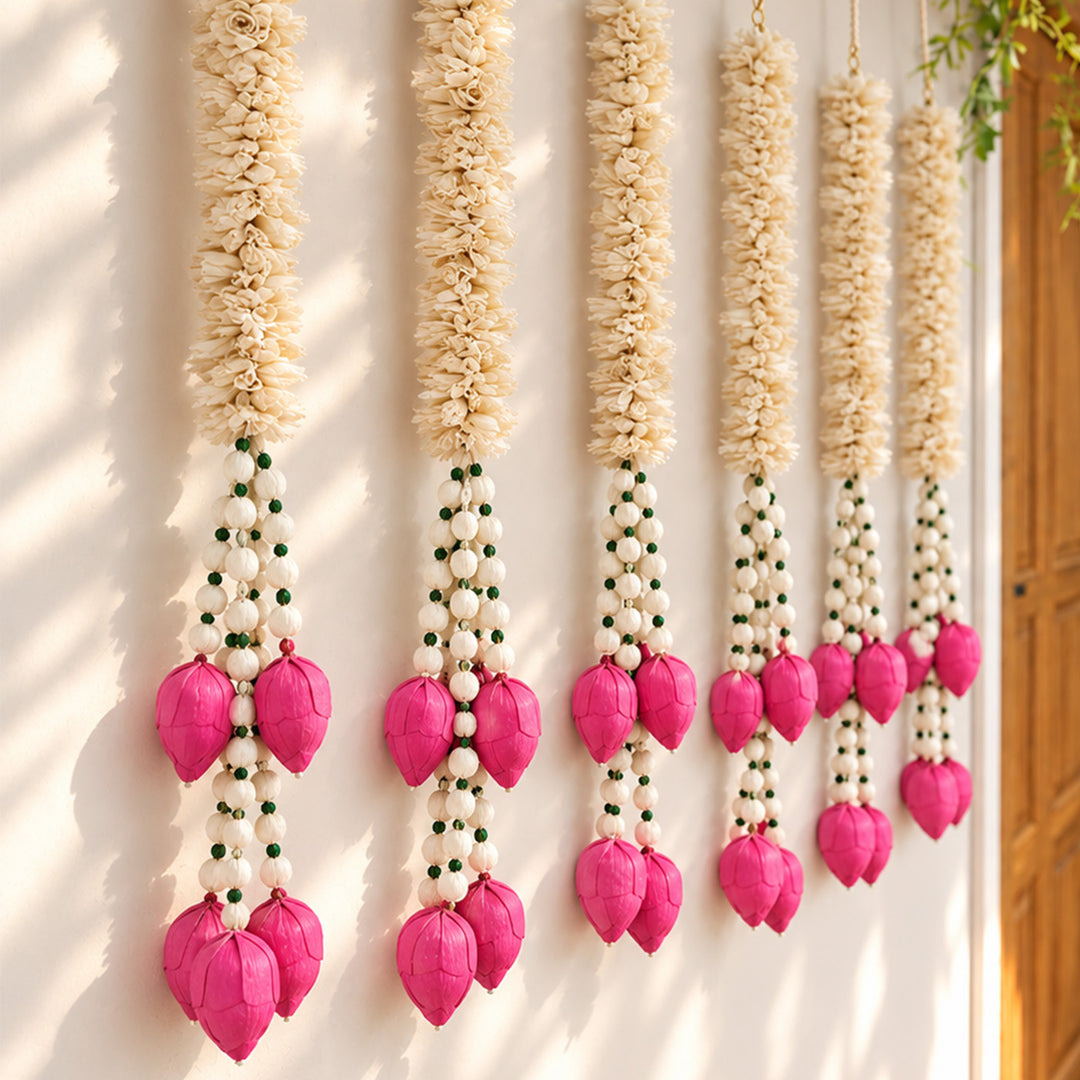Handmade Petal Charm White & Pink Shola Flower Hanging | Set Of 2