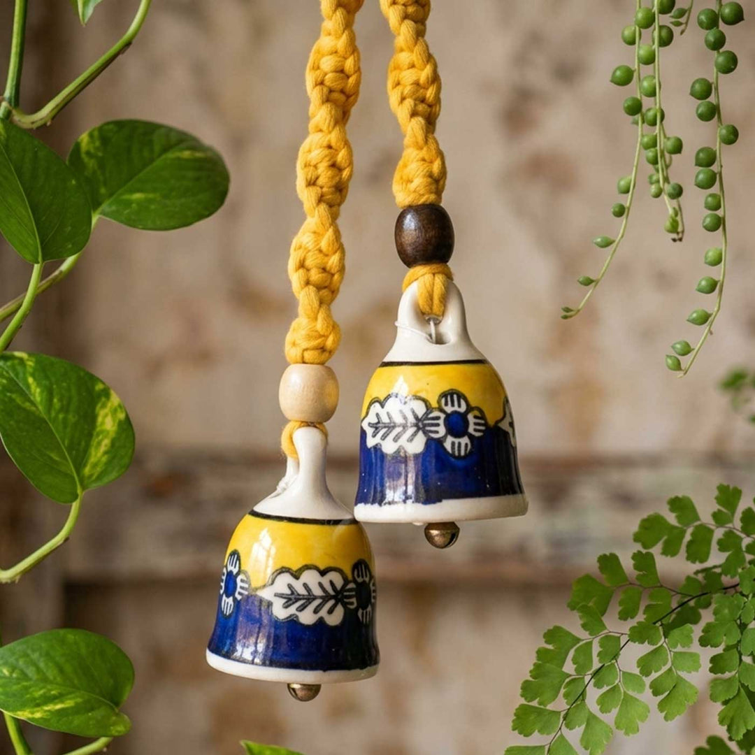 2 Pc | Macrame Handpainted Ceramic Bells Hanging With Wooden Rings & Beads