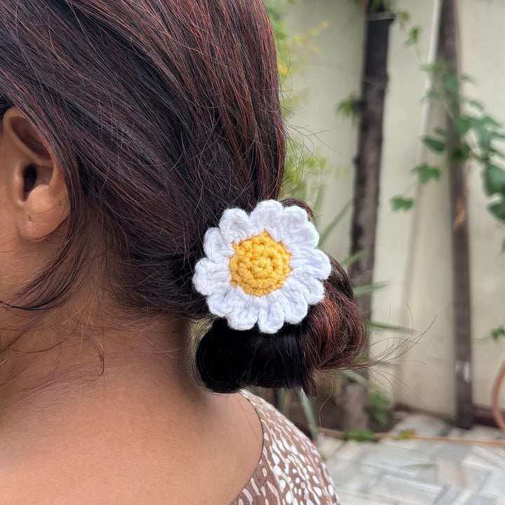Handmade Crochet White Daisy Flower Design Cotton Hair Tie