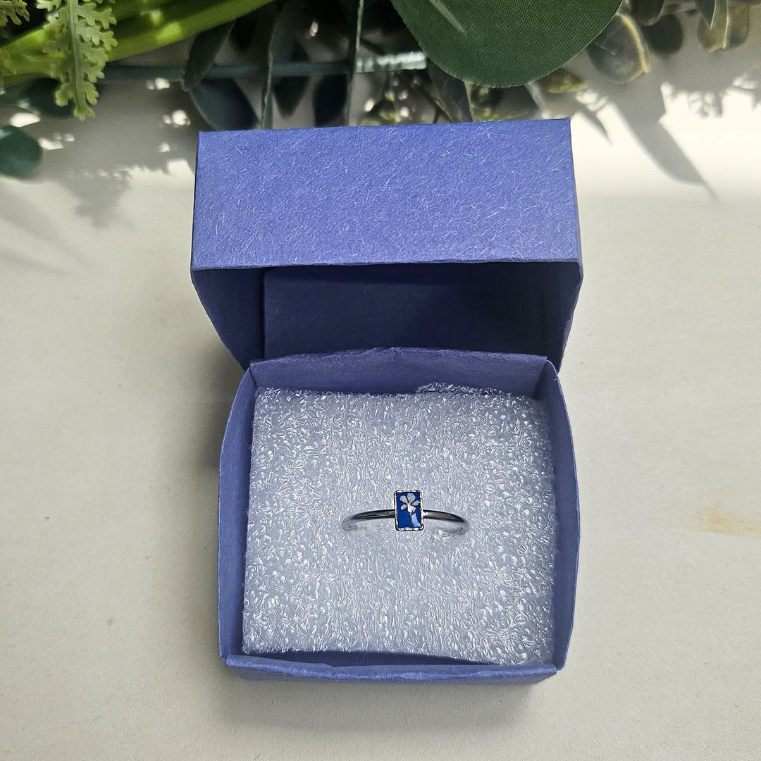 Handmade Pressed Blue Flower Art Resin Ring With Origami Ring Box