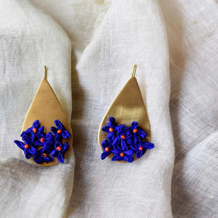 Handmade Textile Art Floral Drop Shaped Dupion Silk Fabric Earrings