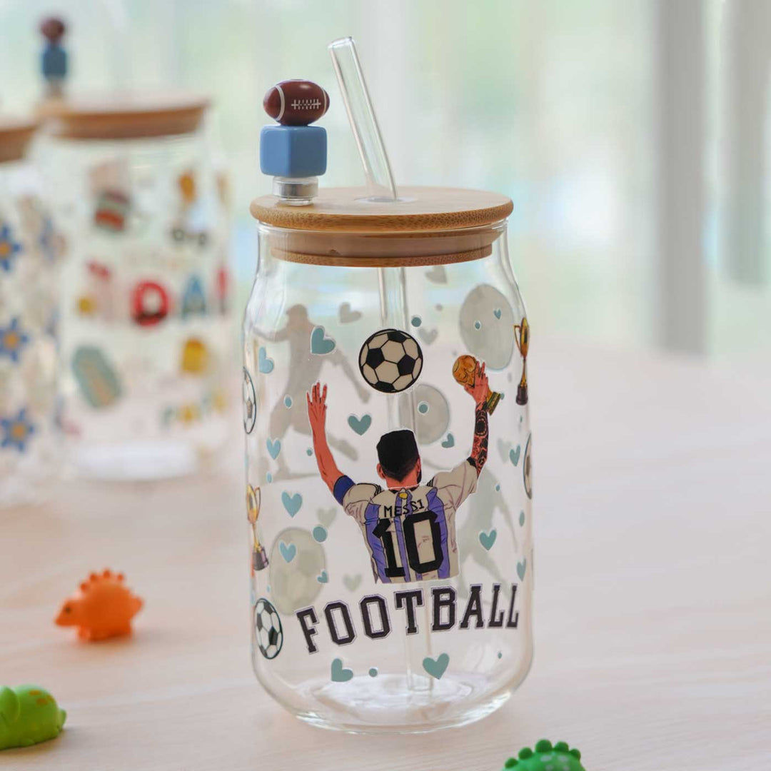Cute Printed "Messi" Theme Glass Tumbler With Straw For Kids