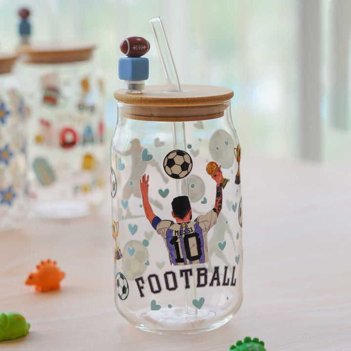 Cute Printed "Messi" Theme Glass Tumbler With Straw For Kids