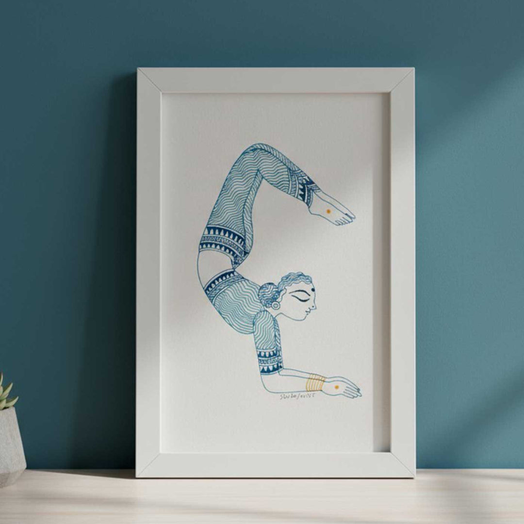 6 x 9 Inch | Vrischikasan Yoga Pose | Minimalist Black & White Mudhubani Style Line Drawing With Frame