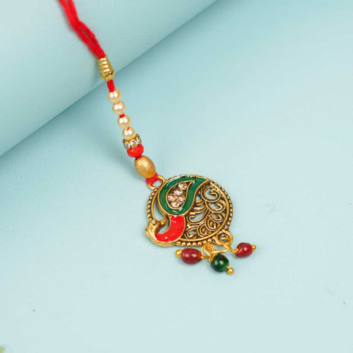 Handmade Peacock Jadtar Beaded Lumba Rakhi for Bhabhi With Roli Chawal