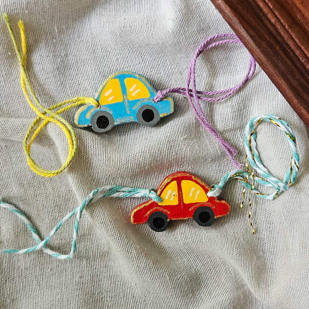 Handpainted Quirky Wooden Rakhi With Roli Chawal 2 New - Two Rakhis Side by Side