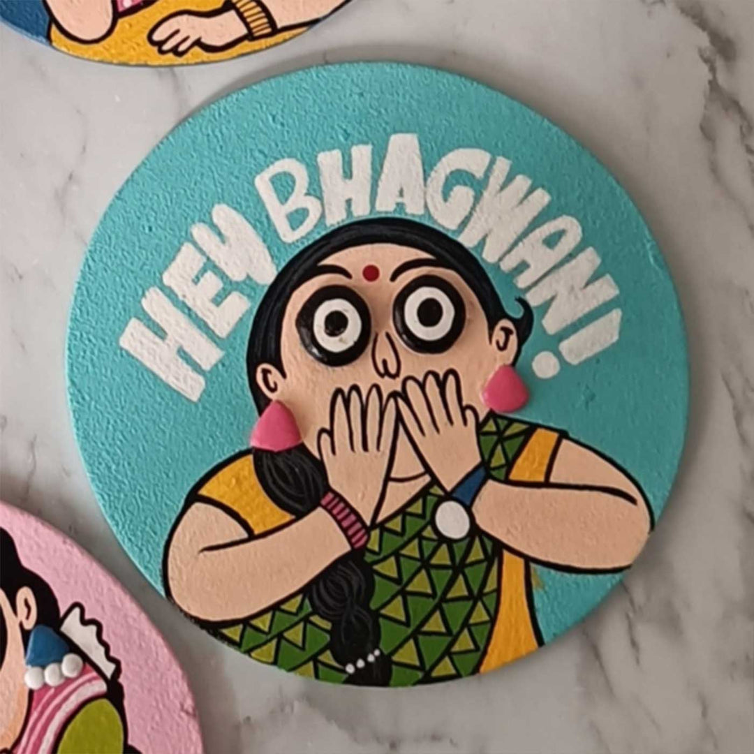 Hand-Painted "Hey Bhagwan" Pop Art Mdf Wood Fridge Magnet