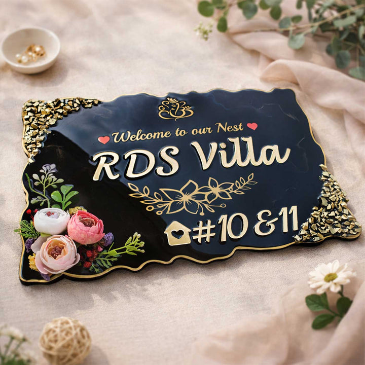 Black And Gold Shiny Stones Resin Name Plate