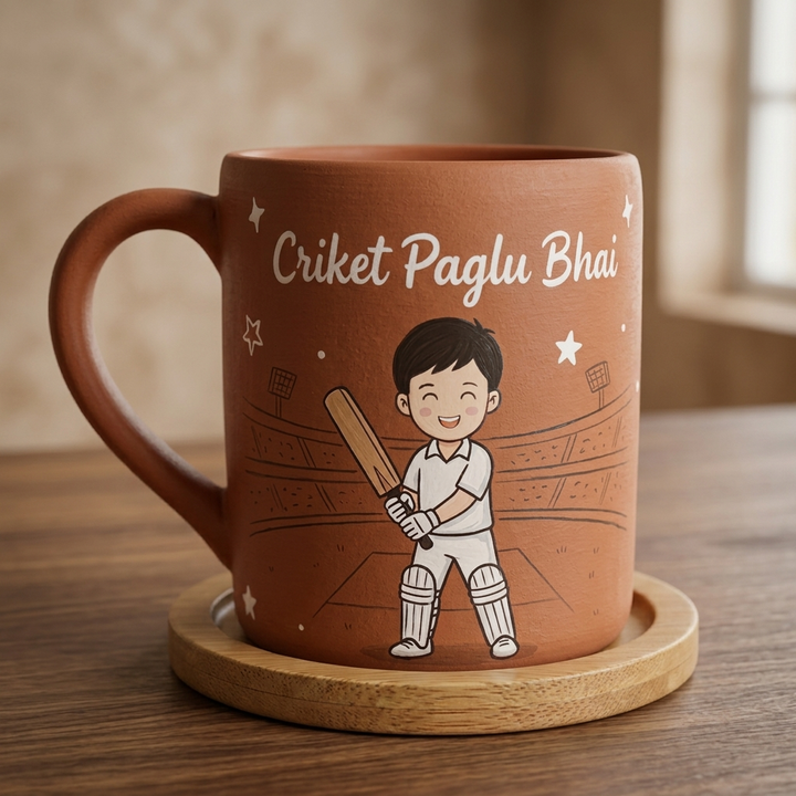 Cricket Paglu Bhai | Photo Personalized Hand-Painted Terracotta Mug With Background