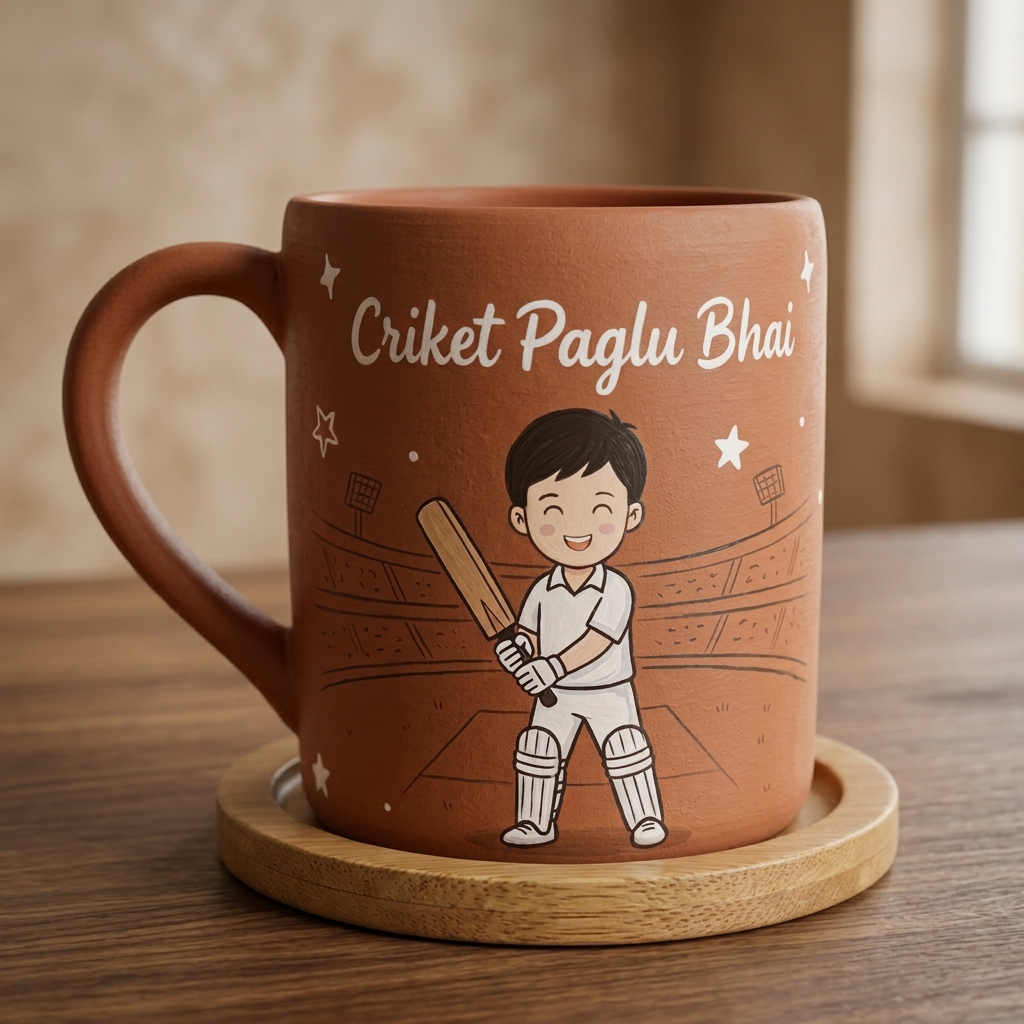Cricket Paglu Bhai | Photo Personalized Hand-Painted Terracotta Mug With Background