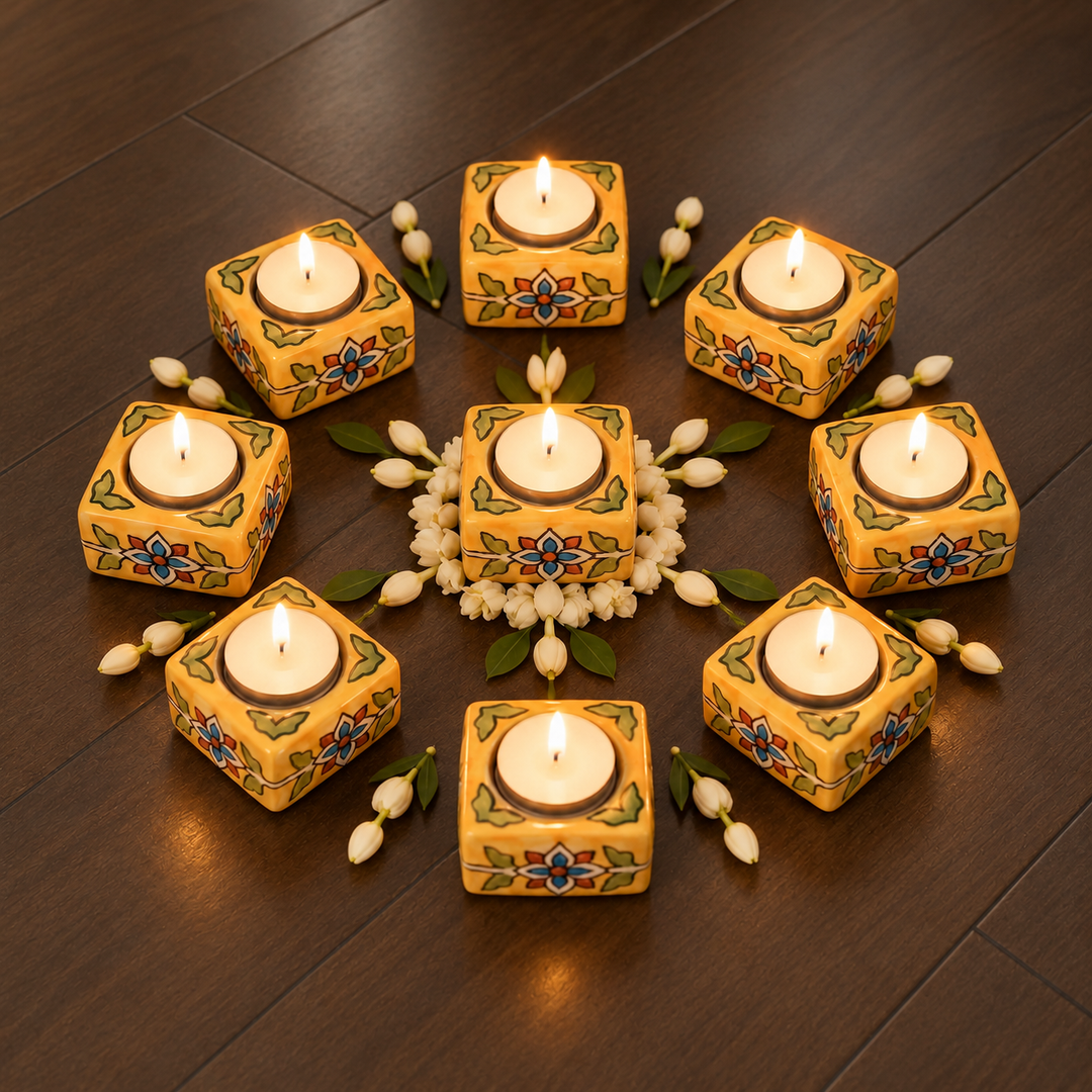 Set of 10 | Hand-Painted Floral Theme Ceramic Tealight Holders