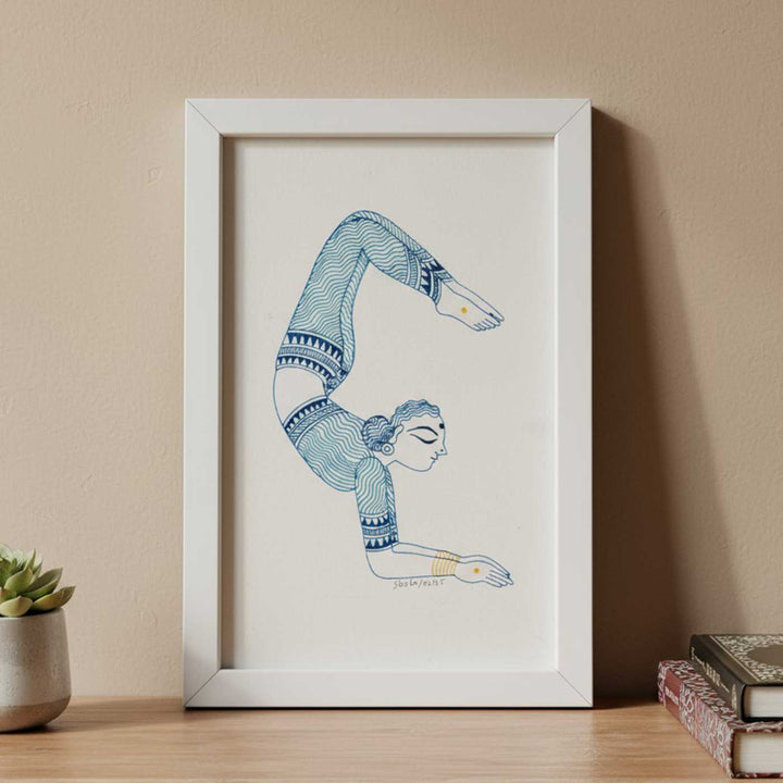 6 x 9 Inch | Vrischikasan Yoga Pose | Minimalist Black & White Mudhubani Style Line Drawing With Frame