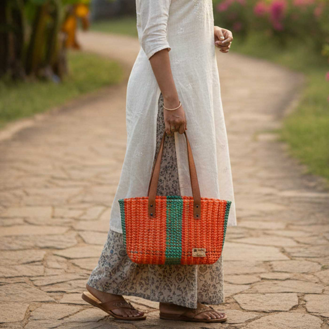 Orange and Green Mukhya Knot Handmade Koodai Tote Bag