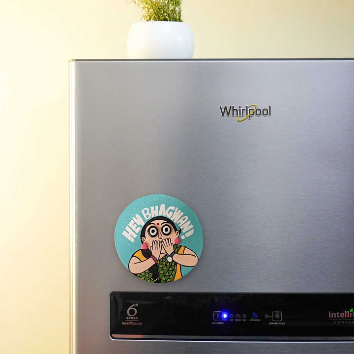 Hand-Painted "Hey Bhagwan" Pop Art Mdf Wood Fridge Magnet