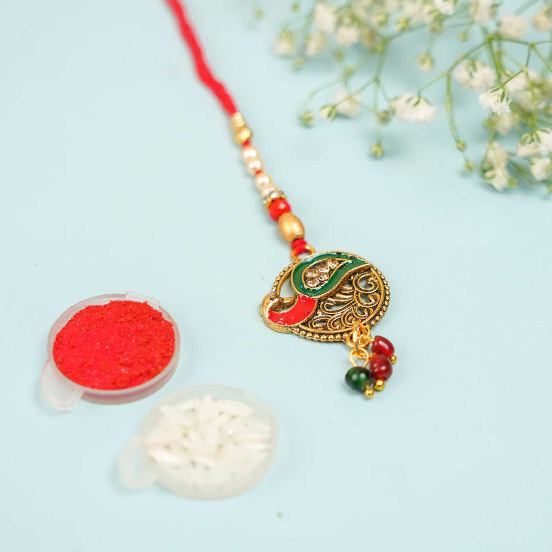 Handmade Peacock Jadtar Beaded Lumba Rakhi for Bhabhi With Roli Chawal