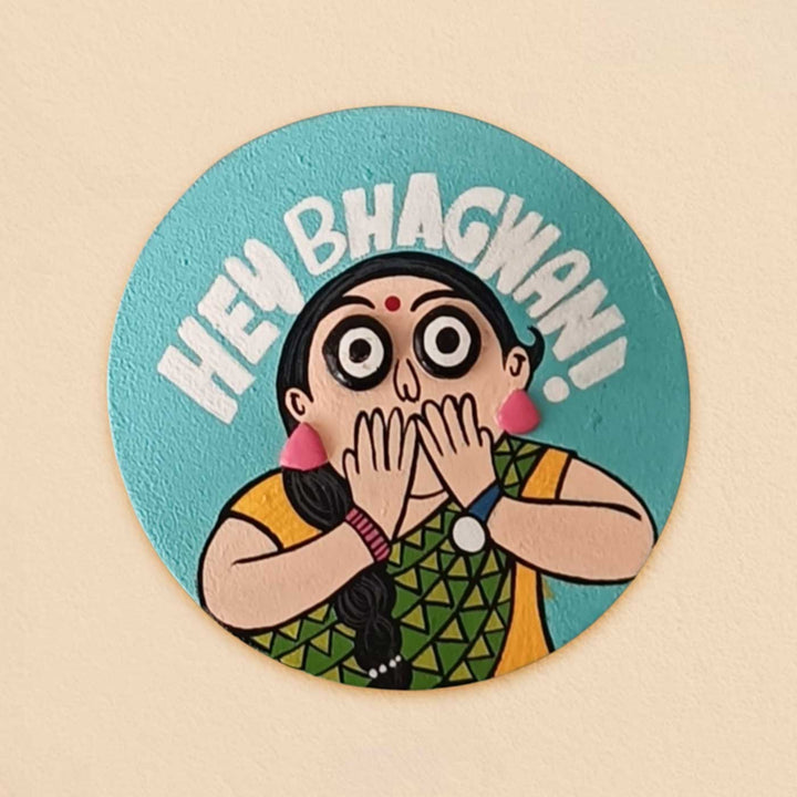 Hand-Painted "Hey Bhagwan" Pop Art Mdf Wood Fridge Magnet