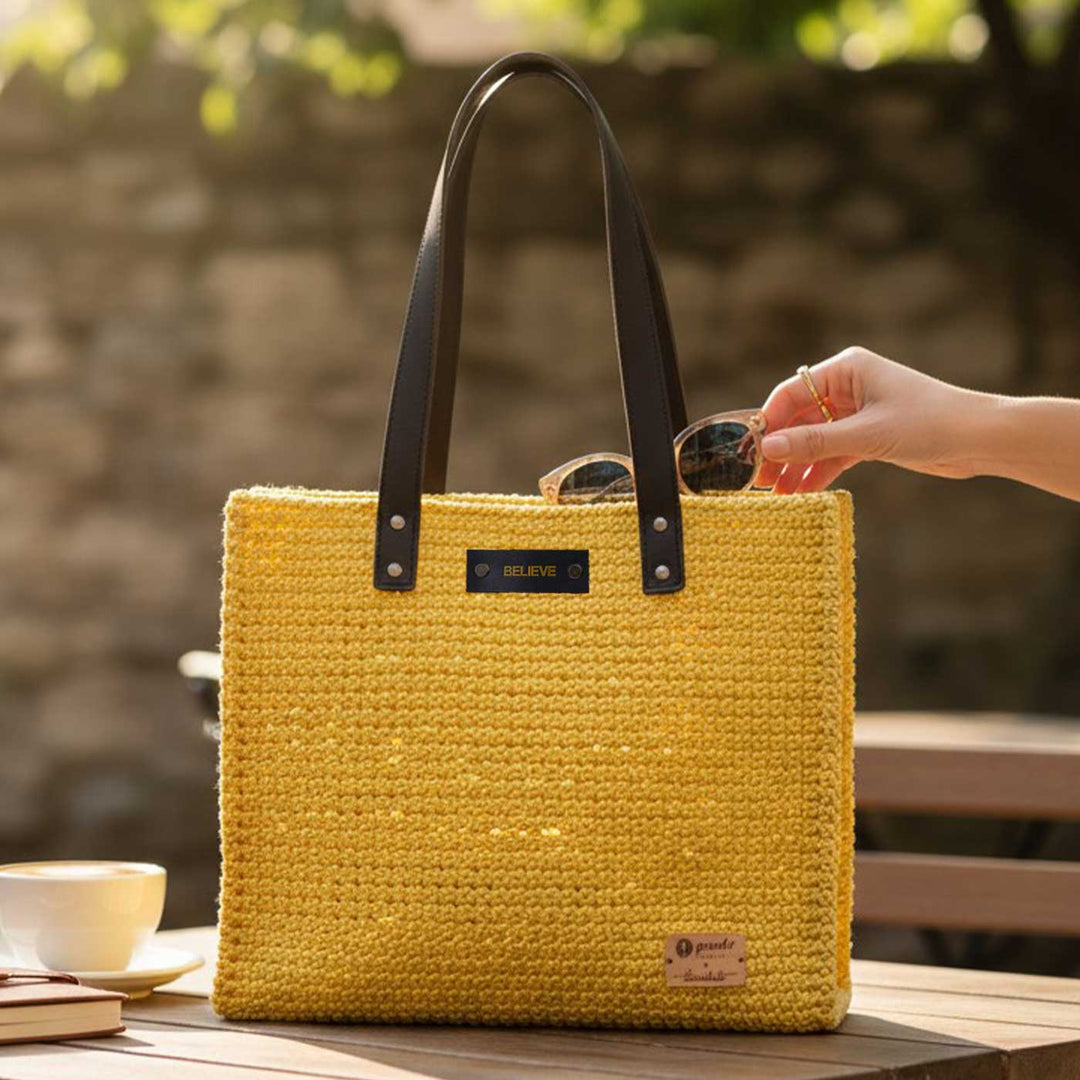 Solid Yellow Mukhya Knot Handmade Koodai Tote Bag
