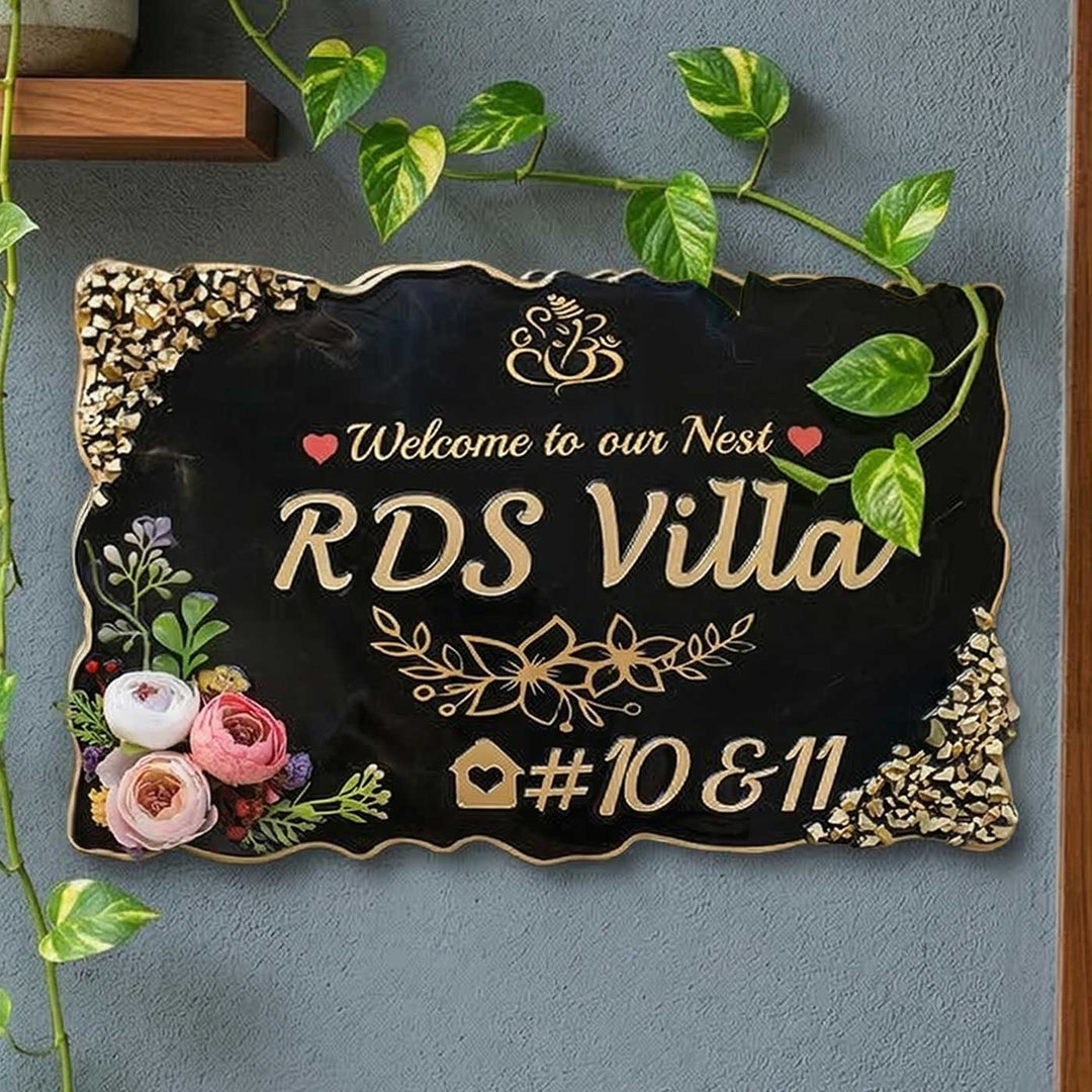 Black And Gold Shiny Stones Resin Name Plate