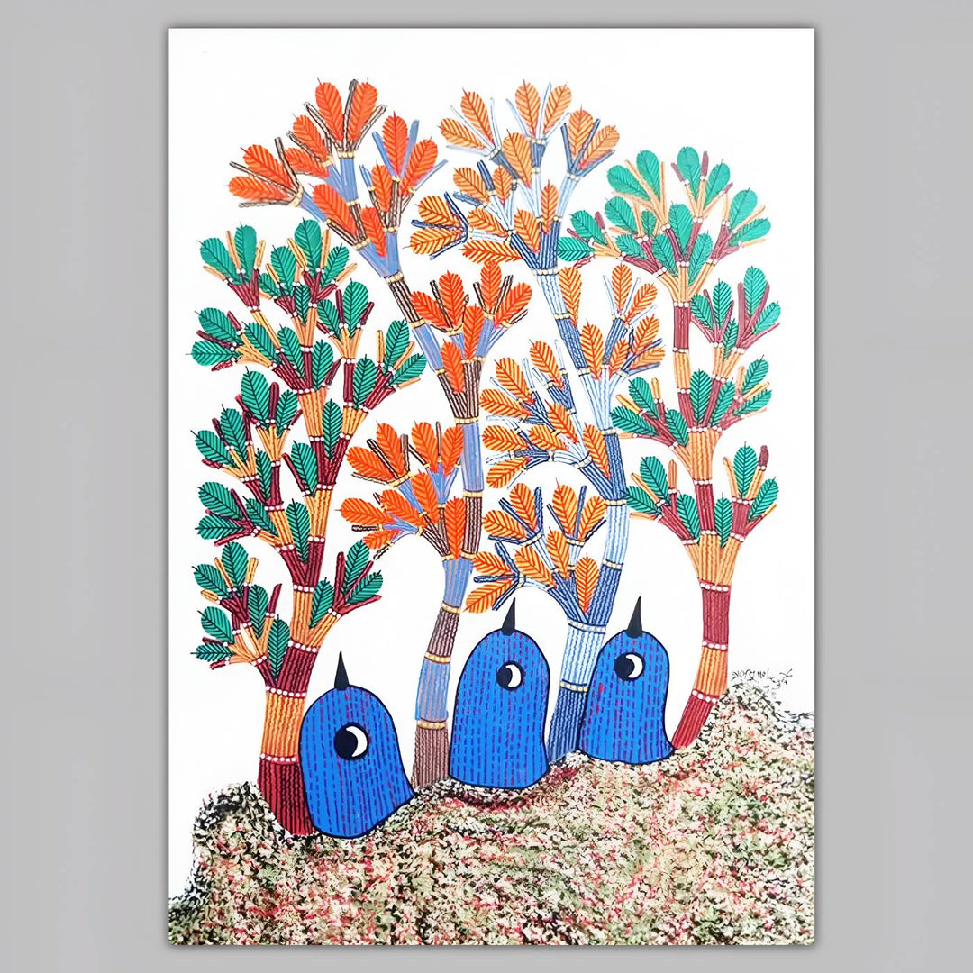 11 x 16 Inch | Blue Birds Under Trees | Original Hand Painted Tribal Gond Art Painting | Acrylic Paint On Paper