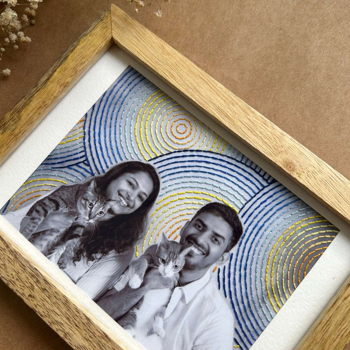 Multiple Circle Van Gogh Style Hand Embroidered Photo With Wooden Frame