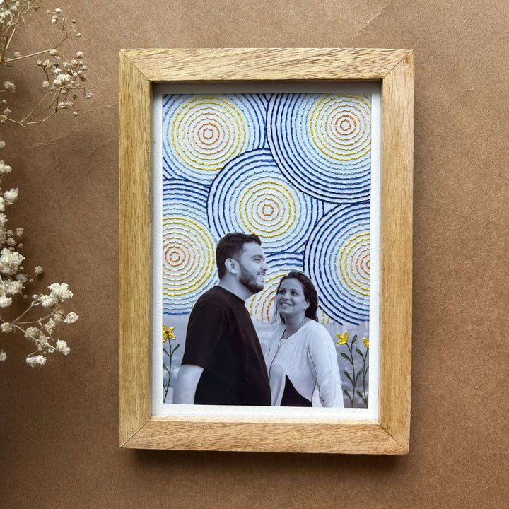 Multiple Circle Van Gogh Style Hand Embroidered Photo With Wooden Frame