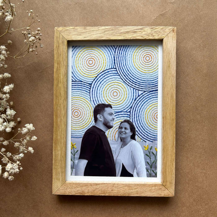 Multiple Circle Van Gogh Style Hand Embroidered Photo With Wooden Frame
