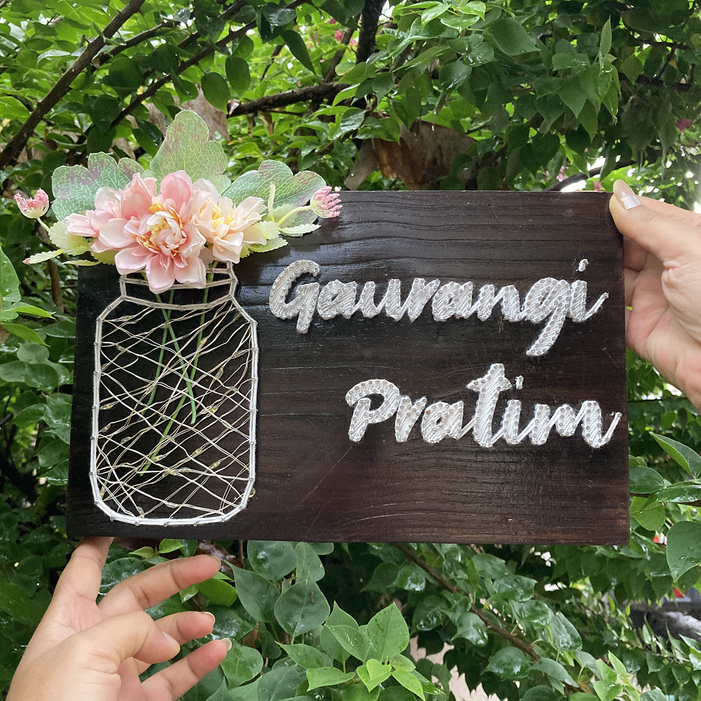 String Art Mason Jar Personalized Couple Nameplate with Lights Zwende