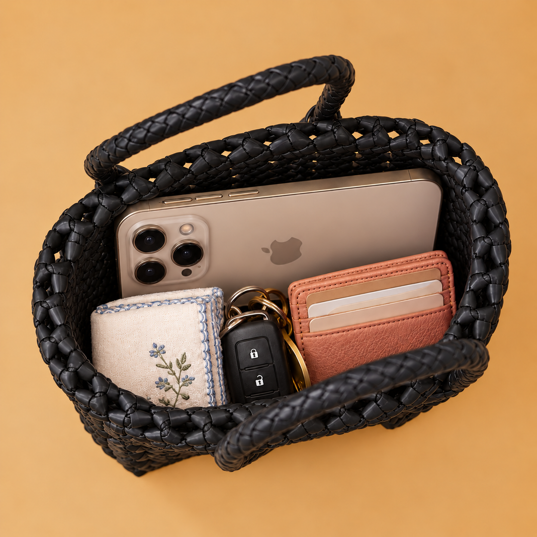 Mini Handwoven Black Plastic Wire Koodai Bag With Pink Heart Motif