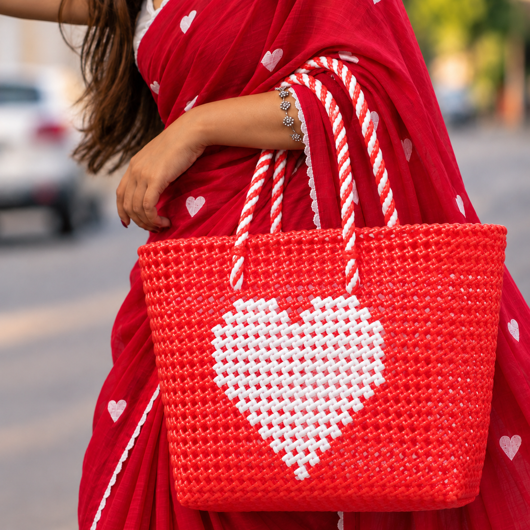 "Love Is In The Air" Red & White Heart Mukhya Knot Handmade Koodai Tote Bag With Candy Plastic Handle