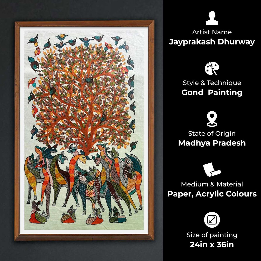 24 x 36 Inch | Giraffes & Birds | Original Hand Painted Tribal Gond Art Painting | Acrylic Paints On Paper