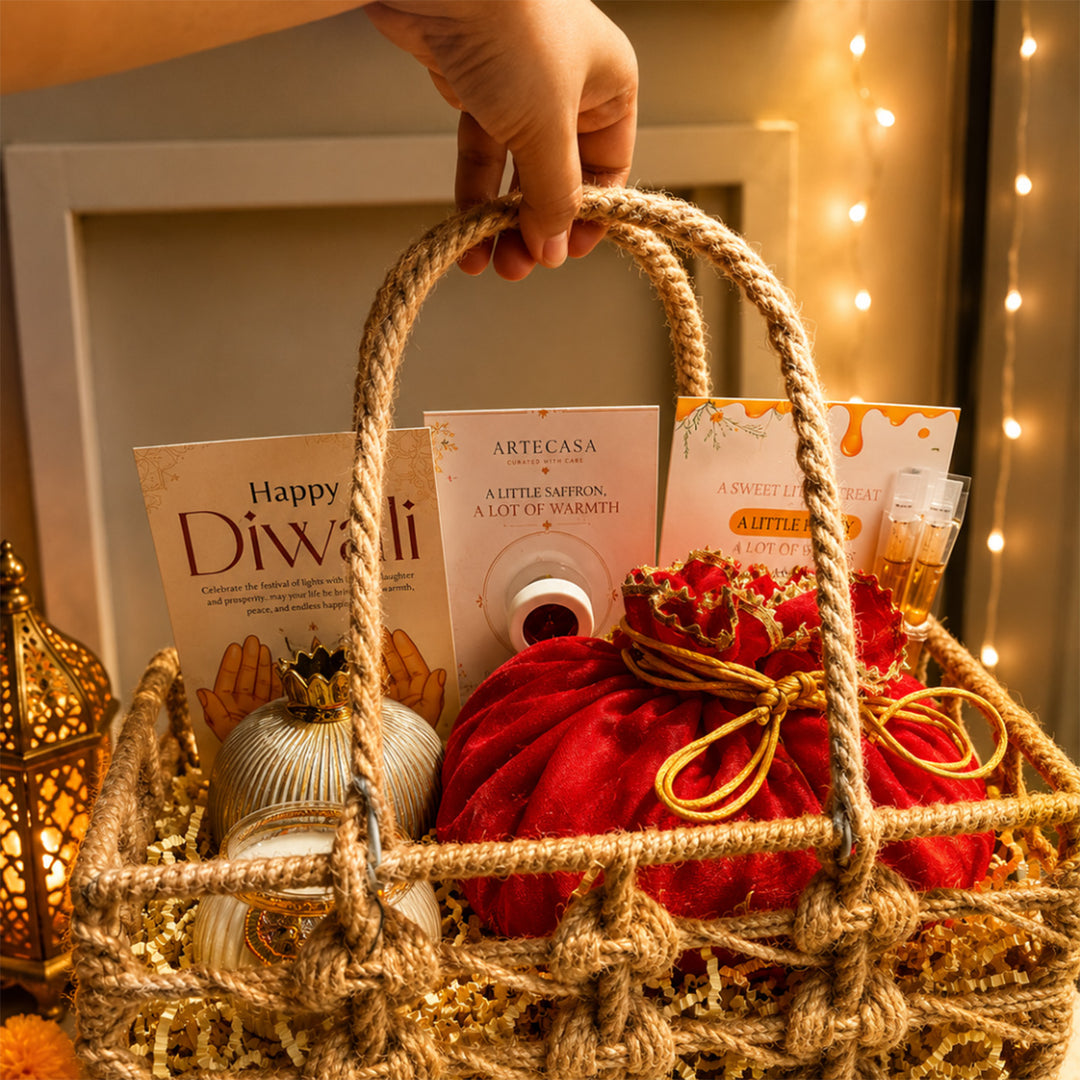 Utsav Jute Net Basket Diwali Gift Hamper With Red Toran Potli And Matka Soy Wax Candle For Festive Gifting