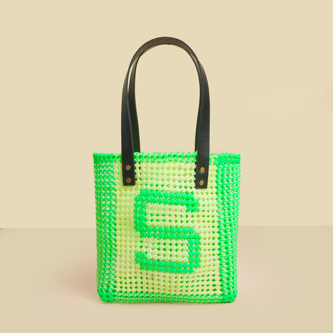 Off White & Parrot Green Personalized Monogram Handmade Wire Koodai Tote Bag