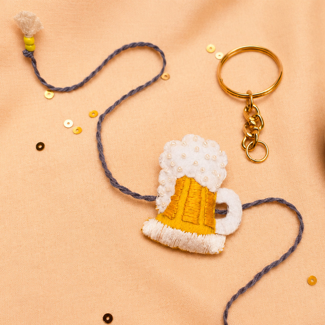 Hand Embroidered Beer Mug Rakhi With Keychain For Brother