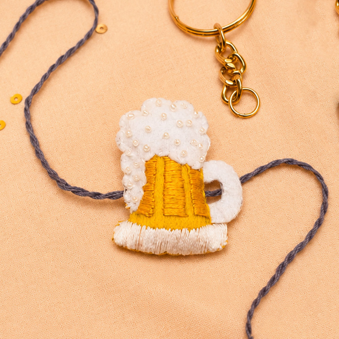 Hand Embroidered Beer Mug Rakhi With Keychain For Brother